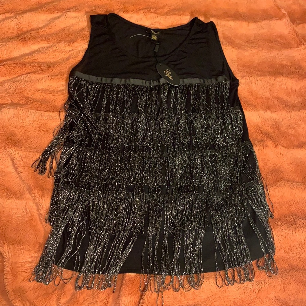 Cupio Black Sleeveless Top w/Tassles - multi layered SZ M NWT
